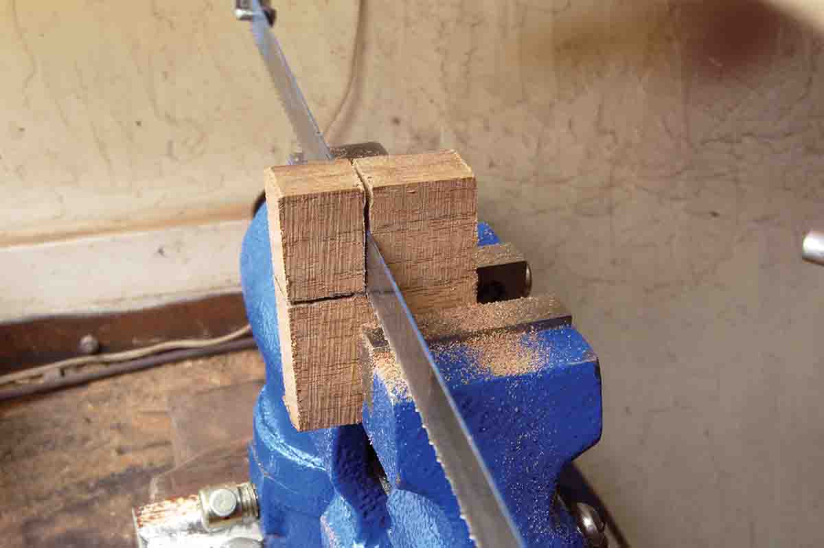 Wood filler pieces are cut from walnut scraps.